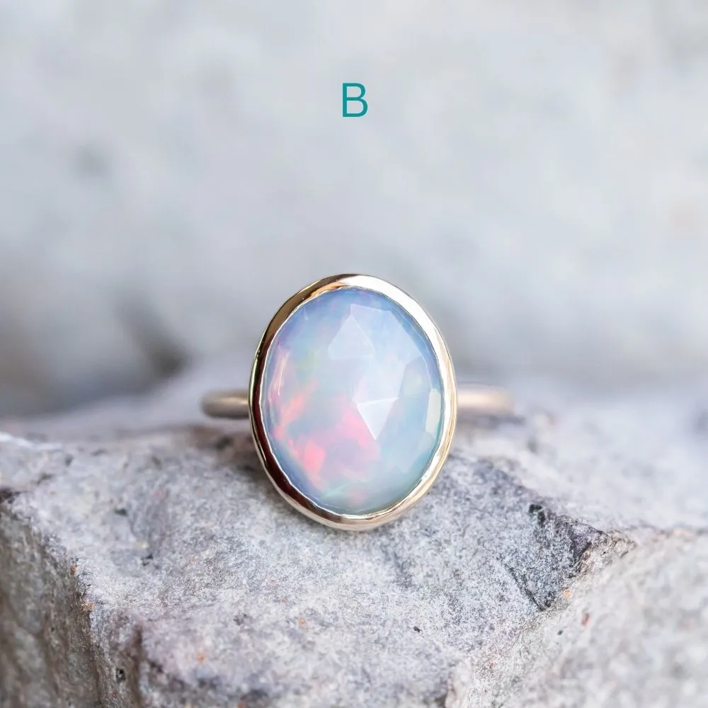 Oval Bezel Set Rosecut Opal Rings in 14K White Gold