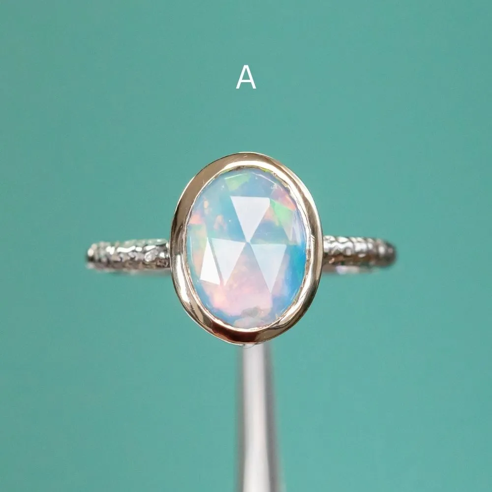 Oval Bezel Set Rosecut Opal Rings in 14K White Gold