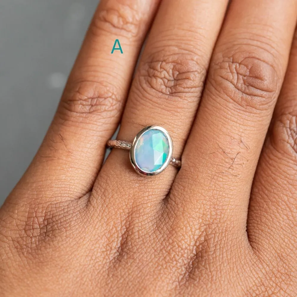 Oval Bezel Set Rosecut Opal Rings in 14K White Gold