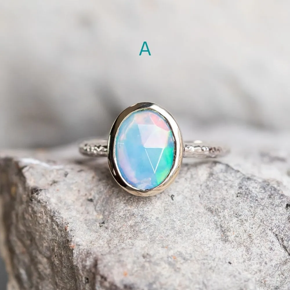 Oval Bezel Set Rosecut Opal Rings in 14K White Gold