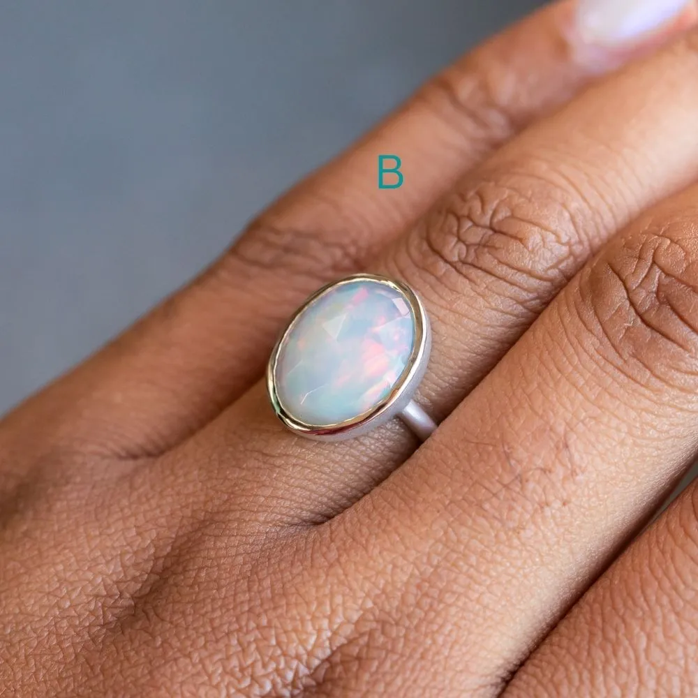 Oval Bezel Set Rosecut Opal Rings in 14K White Gold