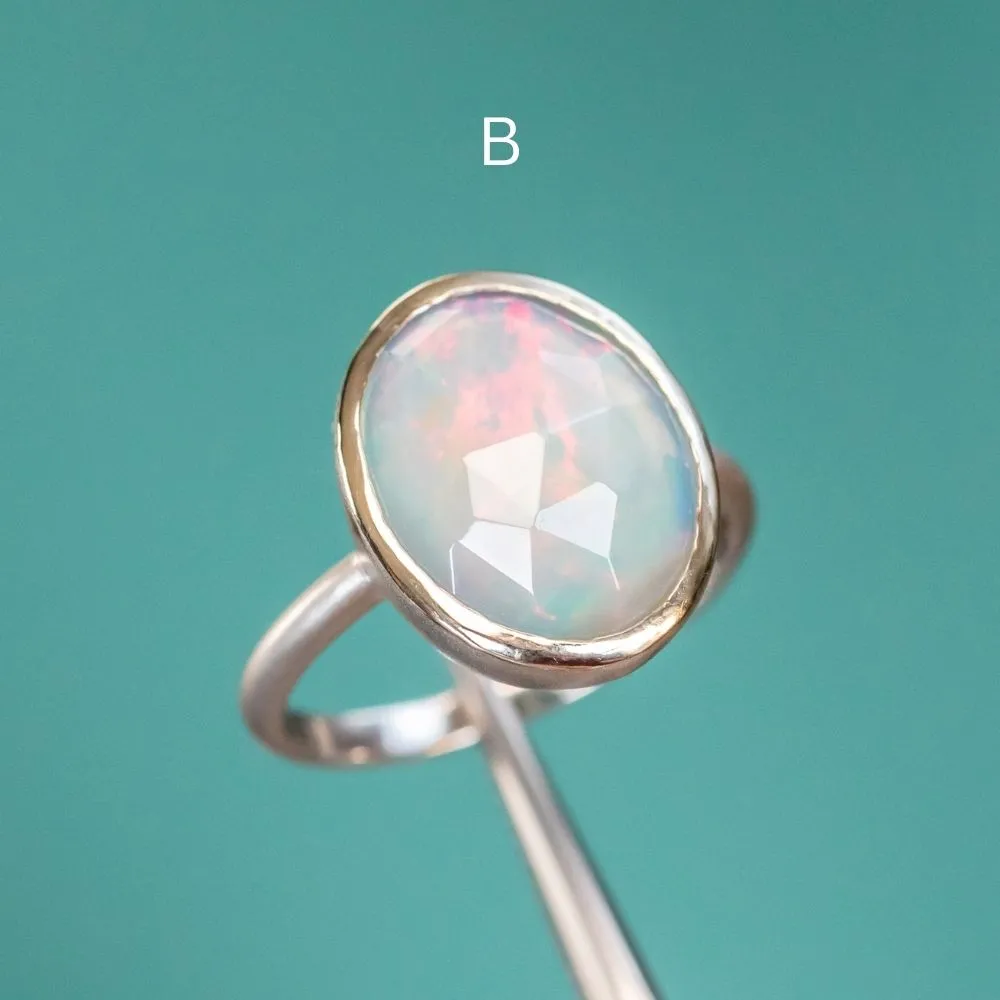 Oval Bezel Set Rosecut Opal Rings in 14K White Gold