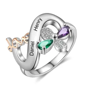 Personalized 2 Names And 2 Stones Engraved Rings For Women