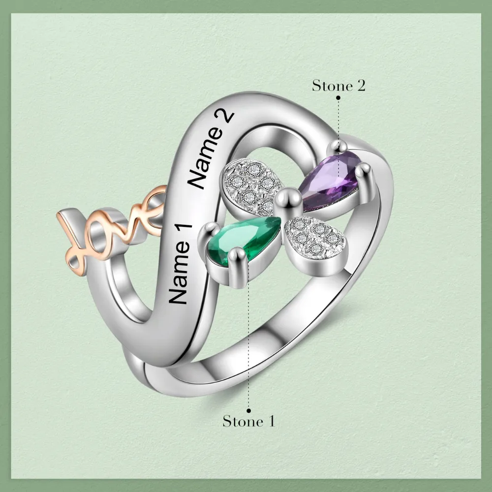 Personalized 2 Names And 2 Stones Engraved Rings For Women