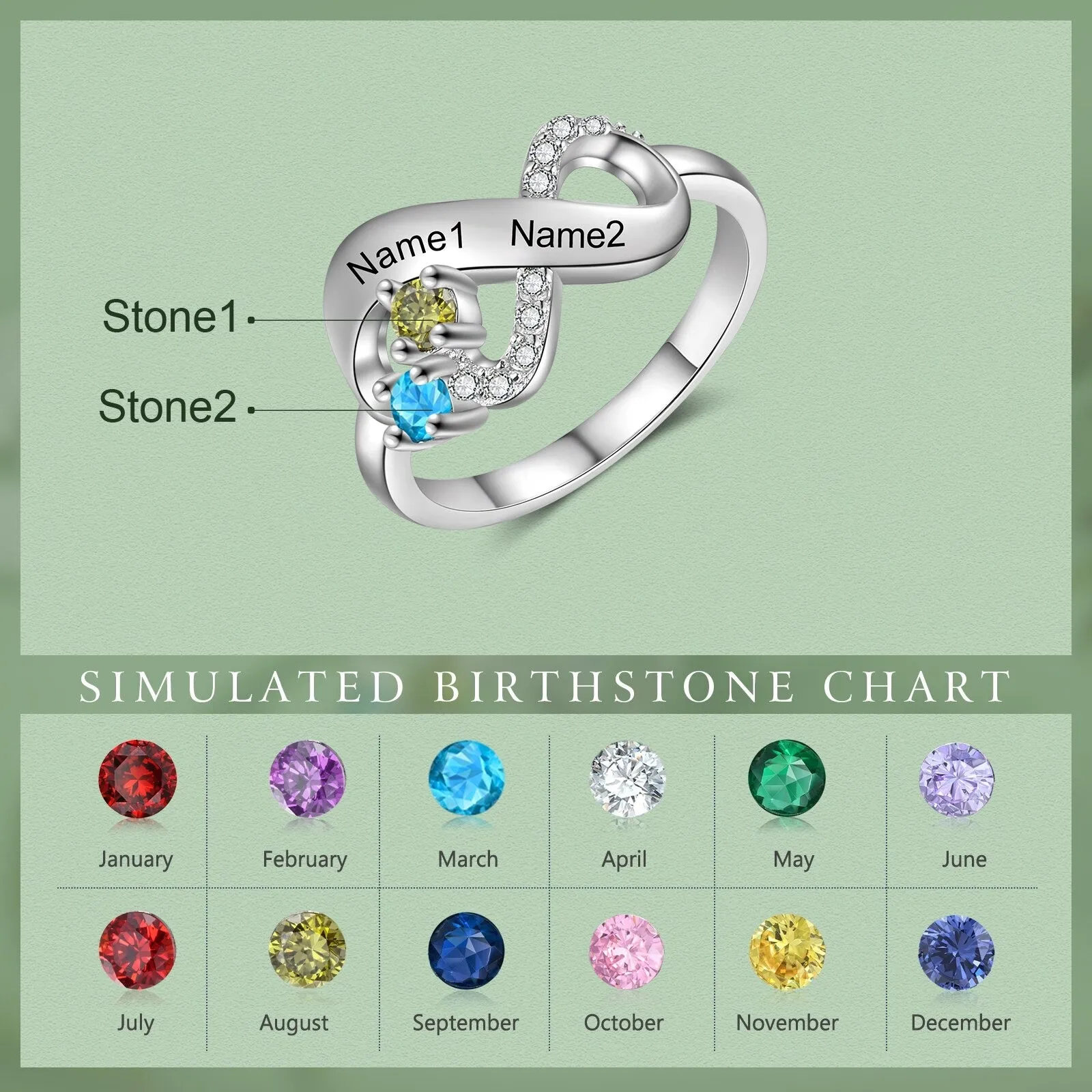 Personalized 2 Names And 2 Stones Infinity Rings For Women