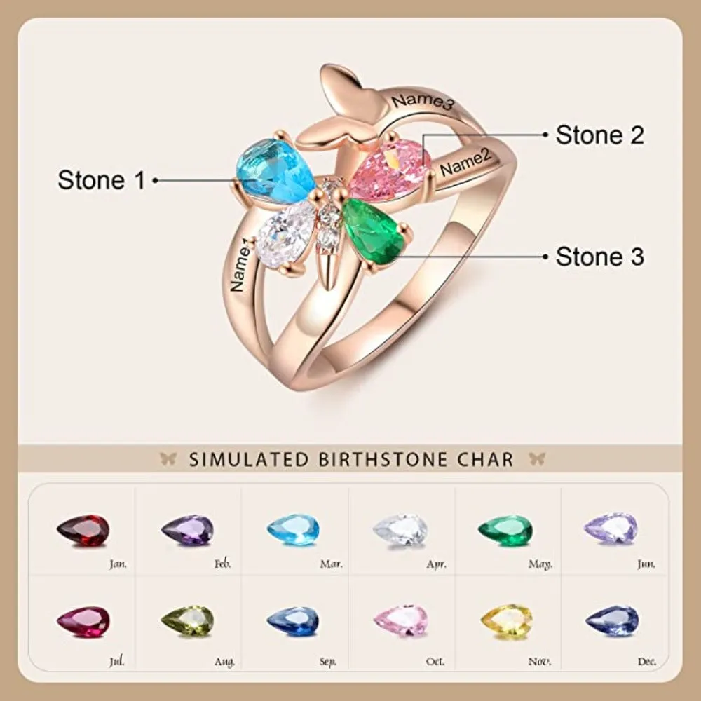 Personalized 3 Names And 3 Stones Butterfly Rings for Women