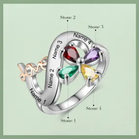 Personalized 4 Names And 4 Stones Engraved Rings For Women