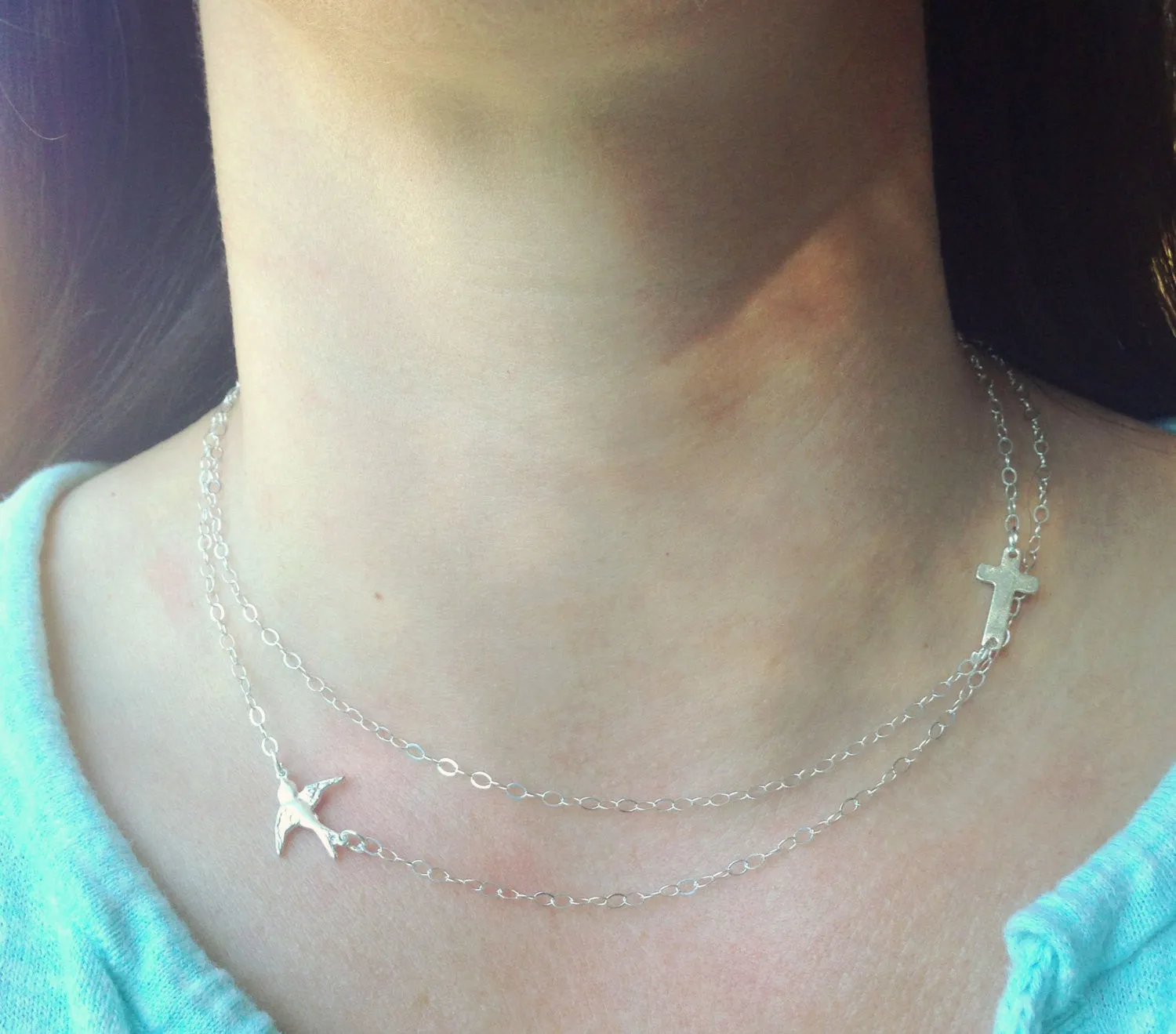 Sideways Cross Necklace, Sideways Swallow Necklace, Sparrow Necklace,Layered Necklace, Cross Necklace, Swallow