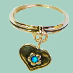 Sterling silver dangle ring for woman. Opal on a heart charm. Rings made in Israel.