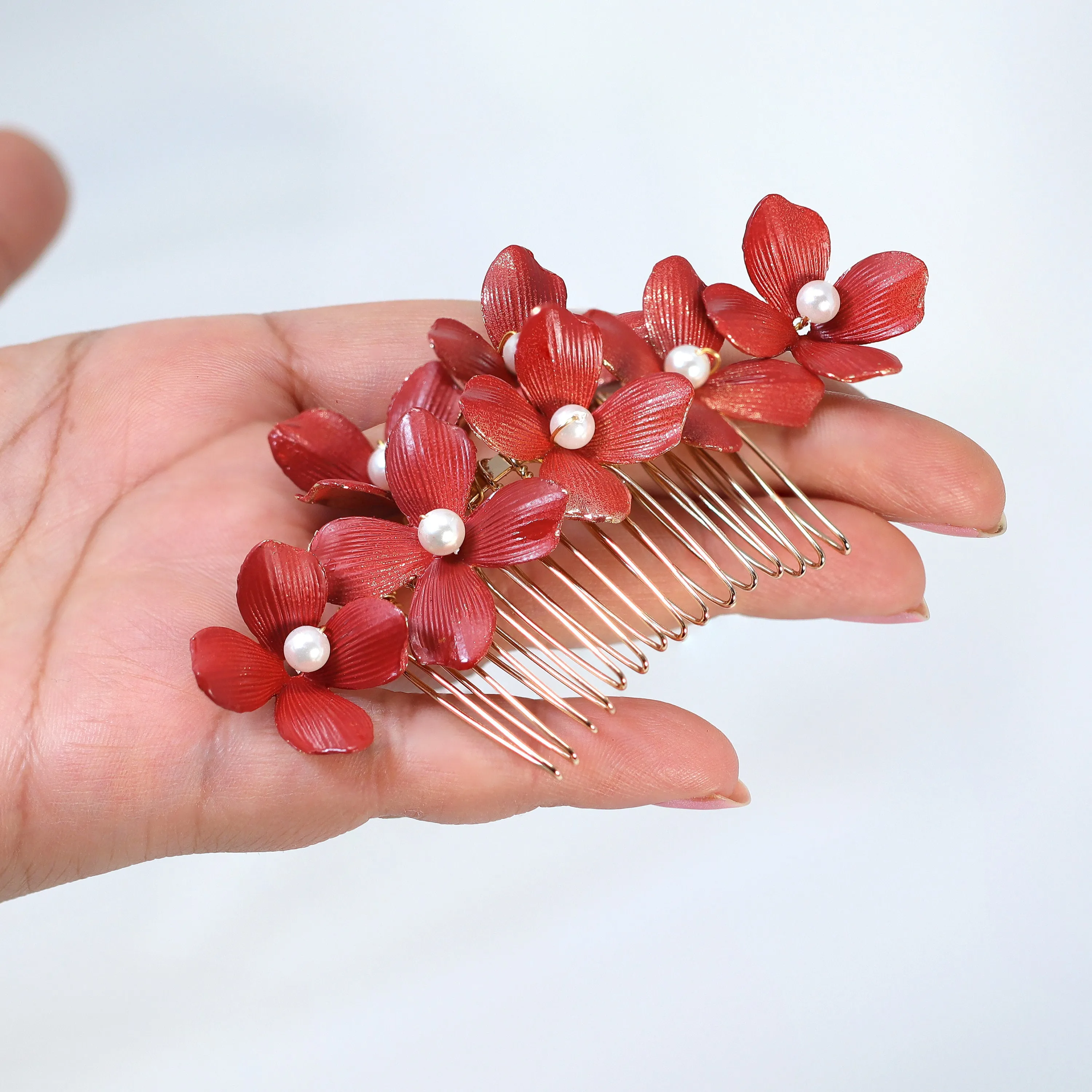 Swarovski Crystals Faux Pearl Red floral Bouquet Hair Comb' Bridal Hair Accessories, Wedding Hair Accessory, Bridal Hair Comb And Pins Set.