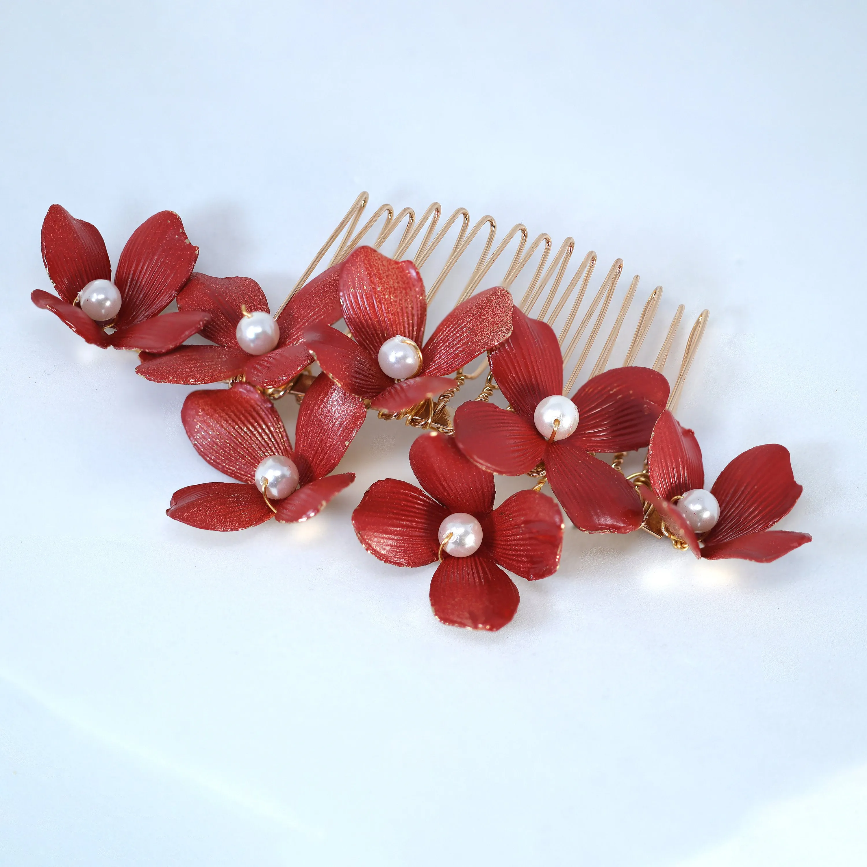 Swarovski Crystals Faux Pearl Red floral Bouquet Hair Comb' Bridal Hair Accessories, Wedding Hair Accessory, Bridal Hair Comb And Pins Set.