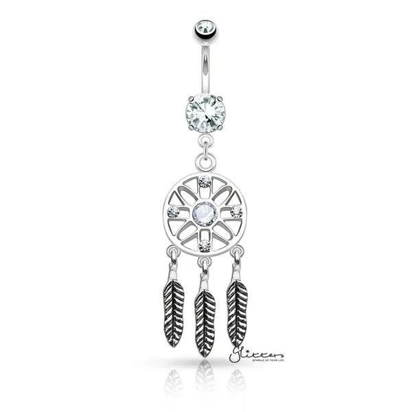 Three Feather Drops Dream Catcher Dangle Belly Button Rings - Clear