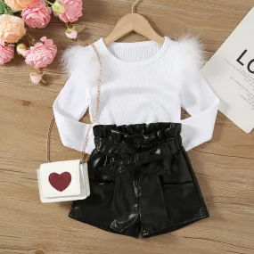 Toddler Kids Girls Solid Color Knitted Feather Top Bow Tie Waistband Shorts Set