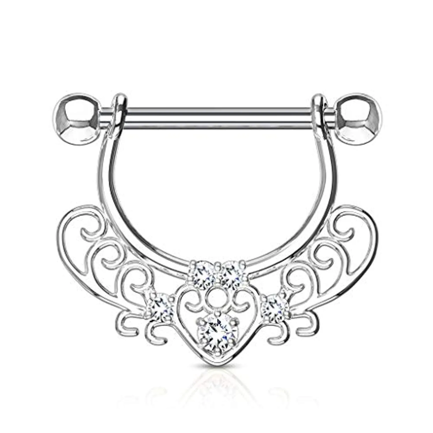 WildKlass CZ Set Center Heart Filigree Dangle 316L Surgical Steel Nipple Rings