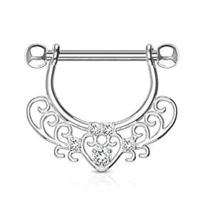 WildKlass CZ Set Center Heart Filigree Dangle 316L Surgical Steel Nipple Rings