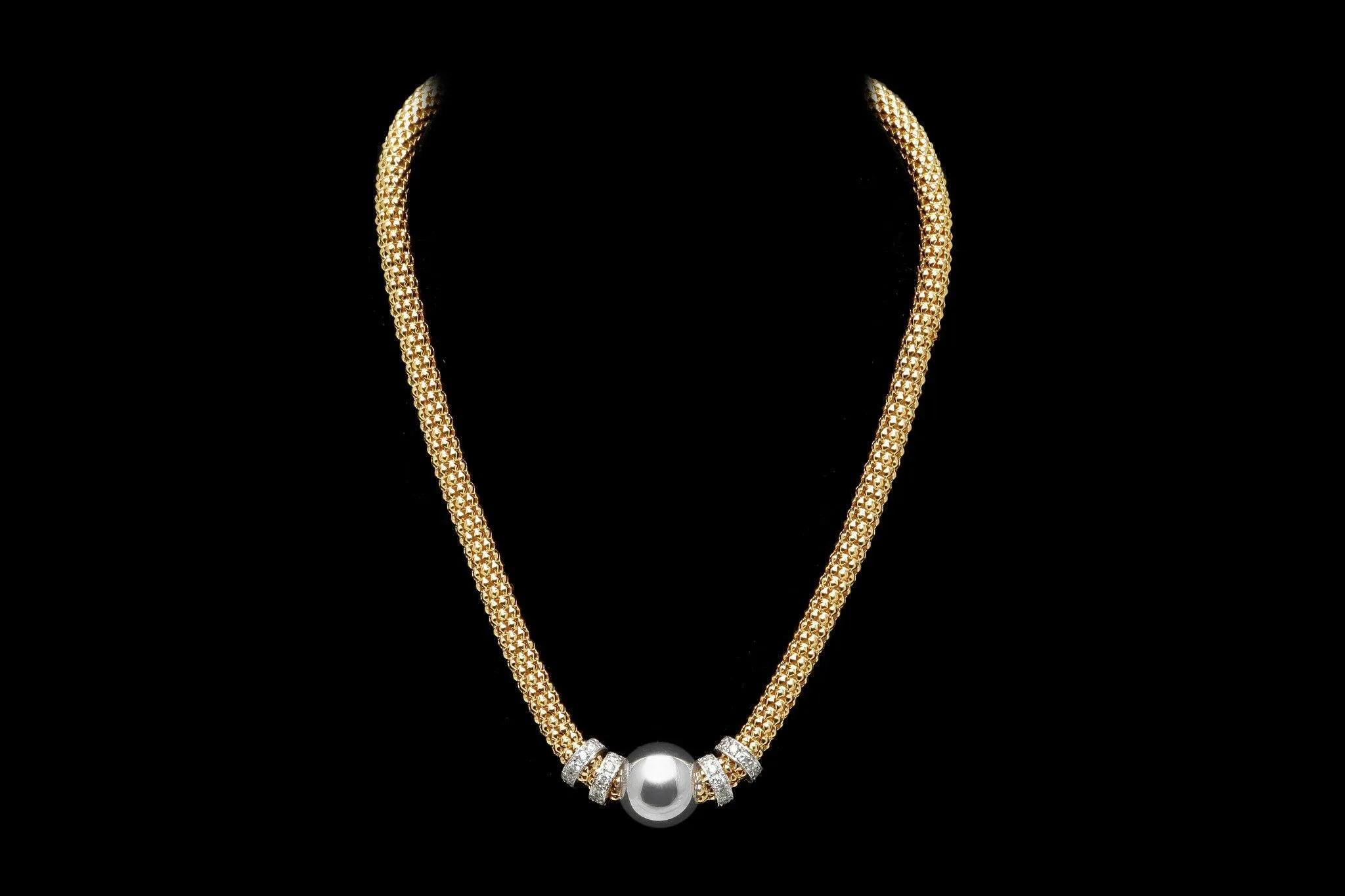 Yellow Gold Plated Silver Beaded NECKLACE with multiple Rows of Cubic Zirconia Rings  - Ceilo Milan